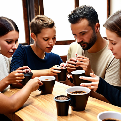Home 11 **Image:** A diverse group of people actively participating in a coffee bean tasting and selection process at a small coffee roastery. Focus on the interaction and the feeling of community and shared decision-making. Show various expressions of opinion and collaboration.