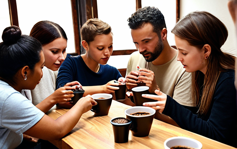 **Image:** A diverse group of people actively participating in a coffee bean tasting and selection process at a small coffee roastery. Focus on the interaction and the feeling of community and shared decision-making. Show various expressions of opinion and collaboration.