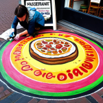 **

A street artist in Amsterdam creating a colorful chalk art advertisement for a local restaurant on the pavement. The artwork features enticing food imagery and the restaurant's logo, drawing the attention of passersby. Focus on the vibrant colors and the urban setting.

**