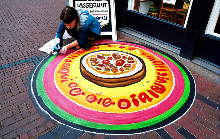 **

A street artist in Amsterdam creating a colorful chalk art advertisement for a local restaurant on the pavement. The artwork features enticing food imagery and the restaurant's logo, drawing the attention of passersby. Focus on the vibrant colors and the urban setting.

**