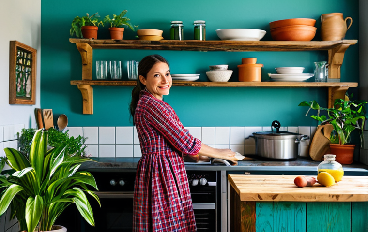제약 기반 창의성의 활용 방안 정리 - **
"A vibrant, upcycled kitchen interior. Fully clothed woman creatively repurposing salvaged wood ...