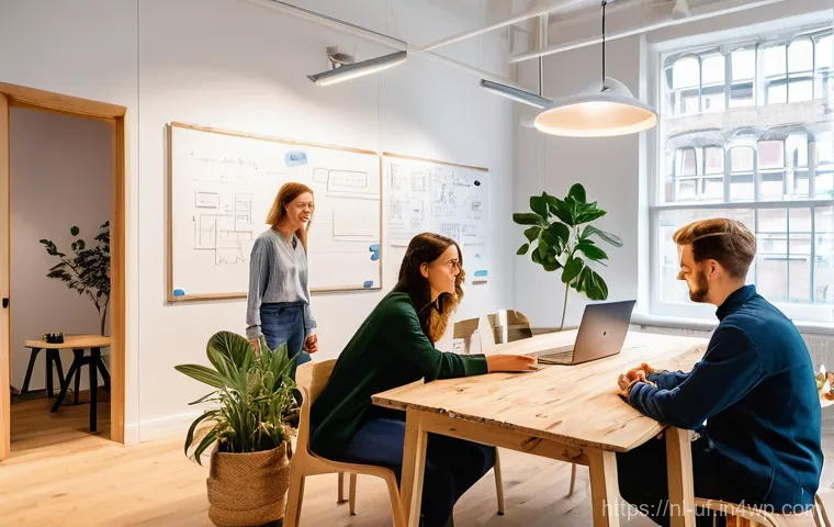 제약 기반 창의성을 활용한 변화 관리 전략 - **Prompt:** A diverse group of young, enthusiastic entrepreneurs in a bright, modern Dutch co-workin...