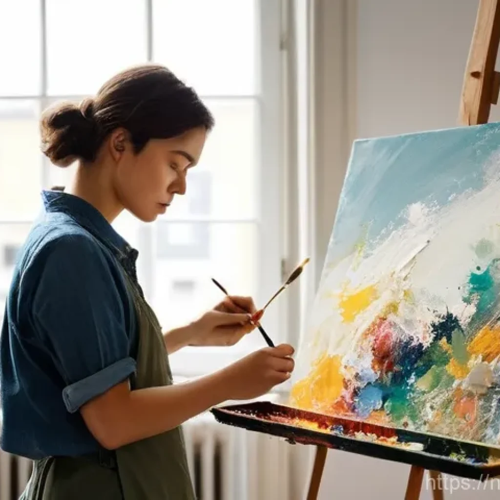 제약 기반 창의성을 위한 목표 설정 방법 - **Prompt:** A female artist, aged late 20s, fully clothed in a modest smock over her professional at...