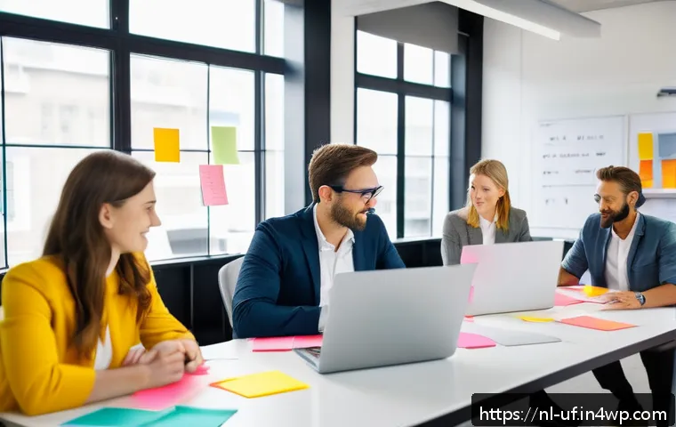제약 기반 창의성과 심리적 안전 - A modern Dutch office environment with a diverse team of professionals collaborating around a large ...