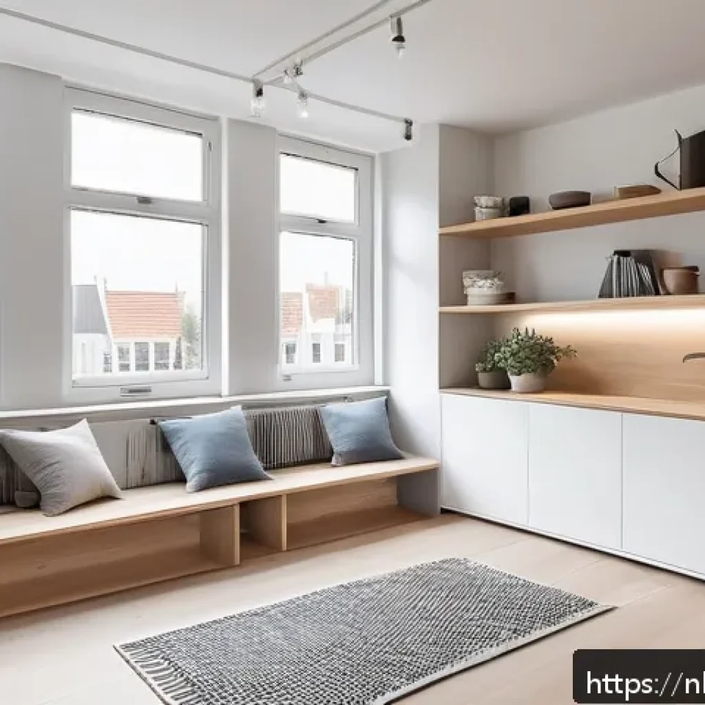 제약 기반 창의성을 활용하여 인사이트 도출하기 - A modern Dutch urban apartment interior showcasing innovative space-saving design solutions: multifu...