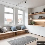 Home 22 제약 기반 창의성을 활용하여 인사이트 도출하기 - A modern Dutch urban apartment interior showcasing innovative space-saving design solutions: multifu...