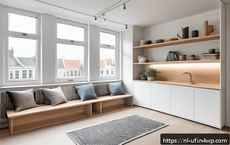 제약 기반 창의성을 활용하여 인사이트 도출하기 - A modern Dutch urban apartment interior showcasing innovative space-saving design solutions: multifu...