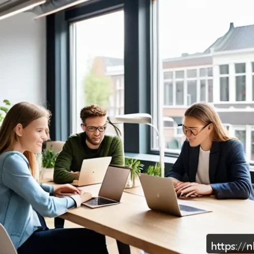 Home 32 제약 기반 창의성이란 무엇인가 - A modern Dutch startup office scene showing a diverse team of young professionals collaborating ener...