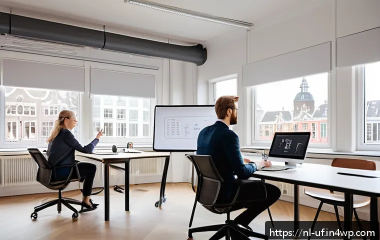 제약 기반 창의성을 활용한 시장 분석 기법 - A modern Dutch office environment with a diverse team of professionals collaborating intensely aroun...